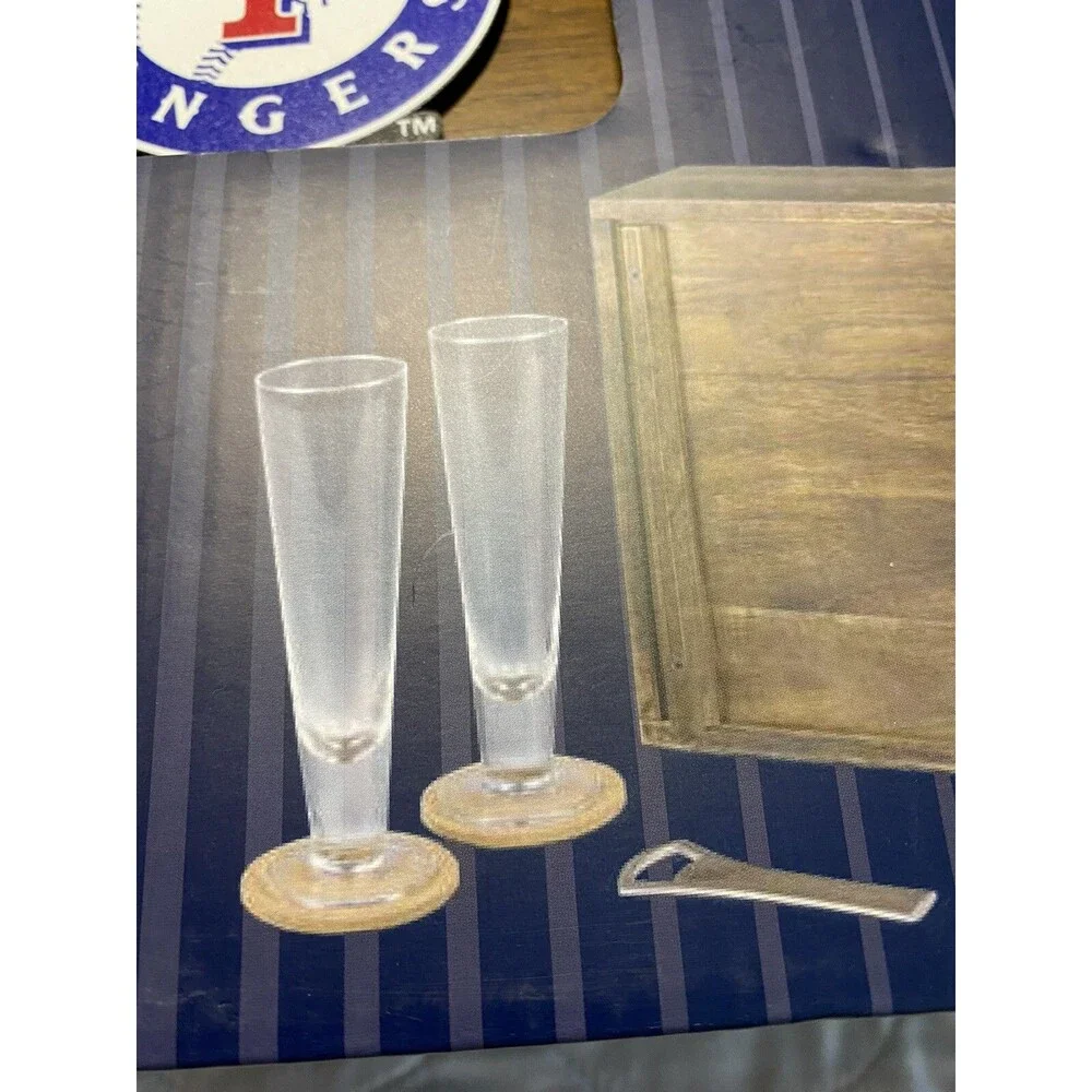Texas Rangers MLB Pilsner Beer Serving Gift Set In Acacia Wood Case Legacy NIB